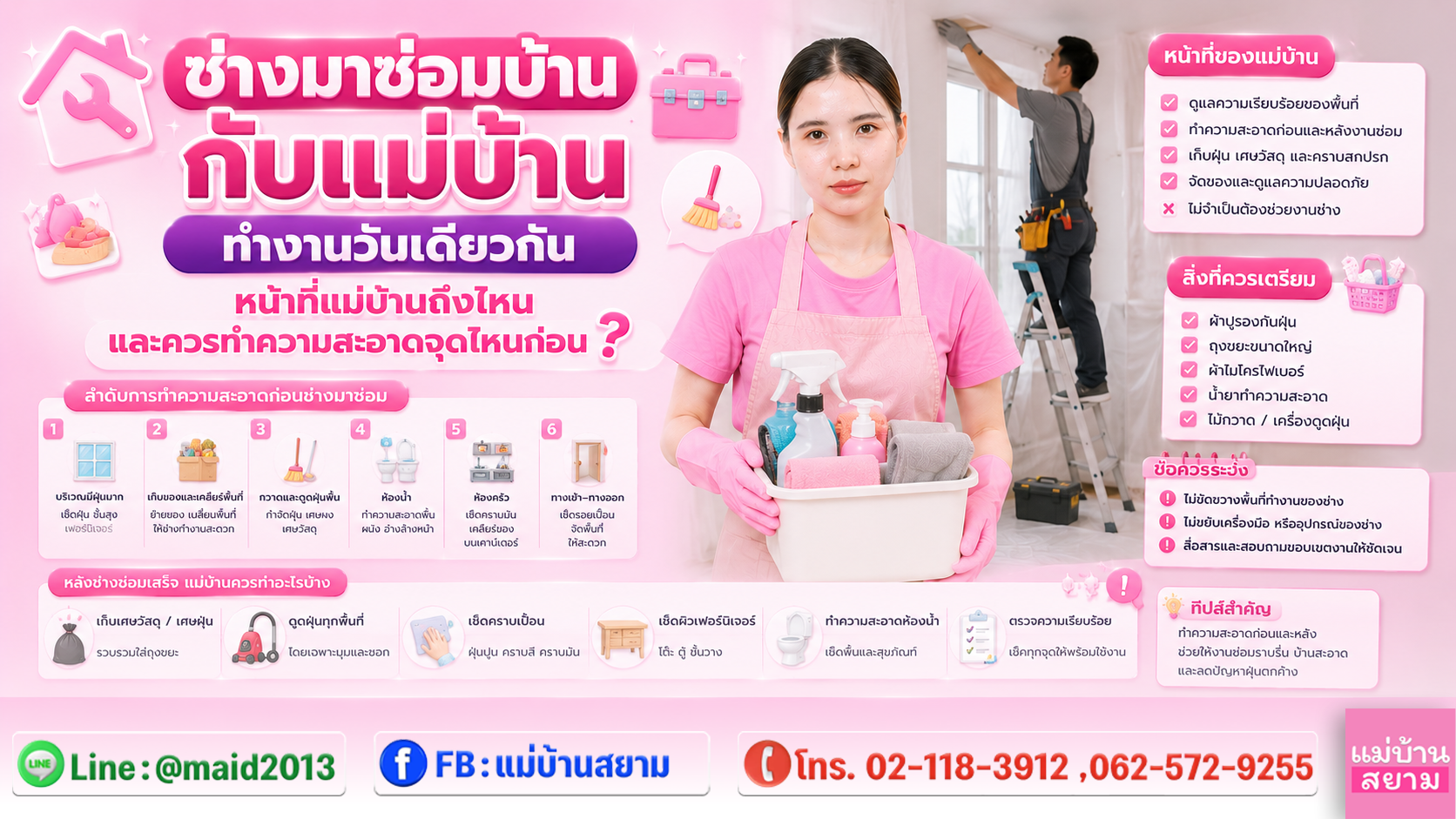 แม่บ้านกับช่าง แม่บ้านกวาดพื้นห้องนั่งเล่น|ช่างกำลังวัดงานซ่อมข้างอุปกรณ์ทำความสะอาดบ้าน