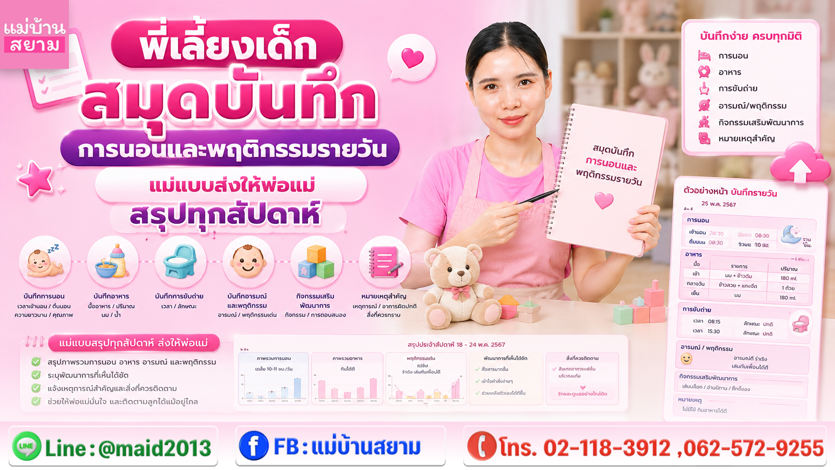 พี่เลี้ยงเด็กกรอกสมุดบันทึกการนอนกับแม่แบบสรุปสัปดาห์|พ่อแม่อยู่ไกลอ่านรายงานสัปดาห์ทางแท็บเล็ตร่วมกับพี่เลี้ยงเด็ก